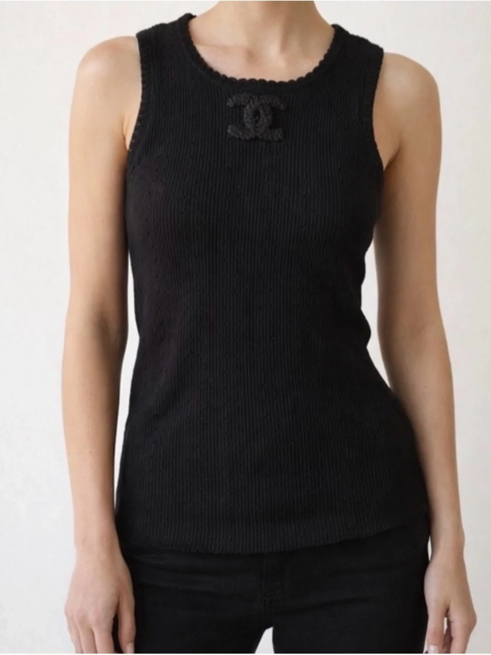 2-Authentic Chanel Black & Crème Sleeveless Tanks with Signature CC Patch 38/40